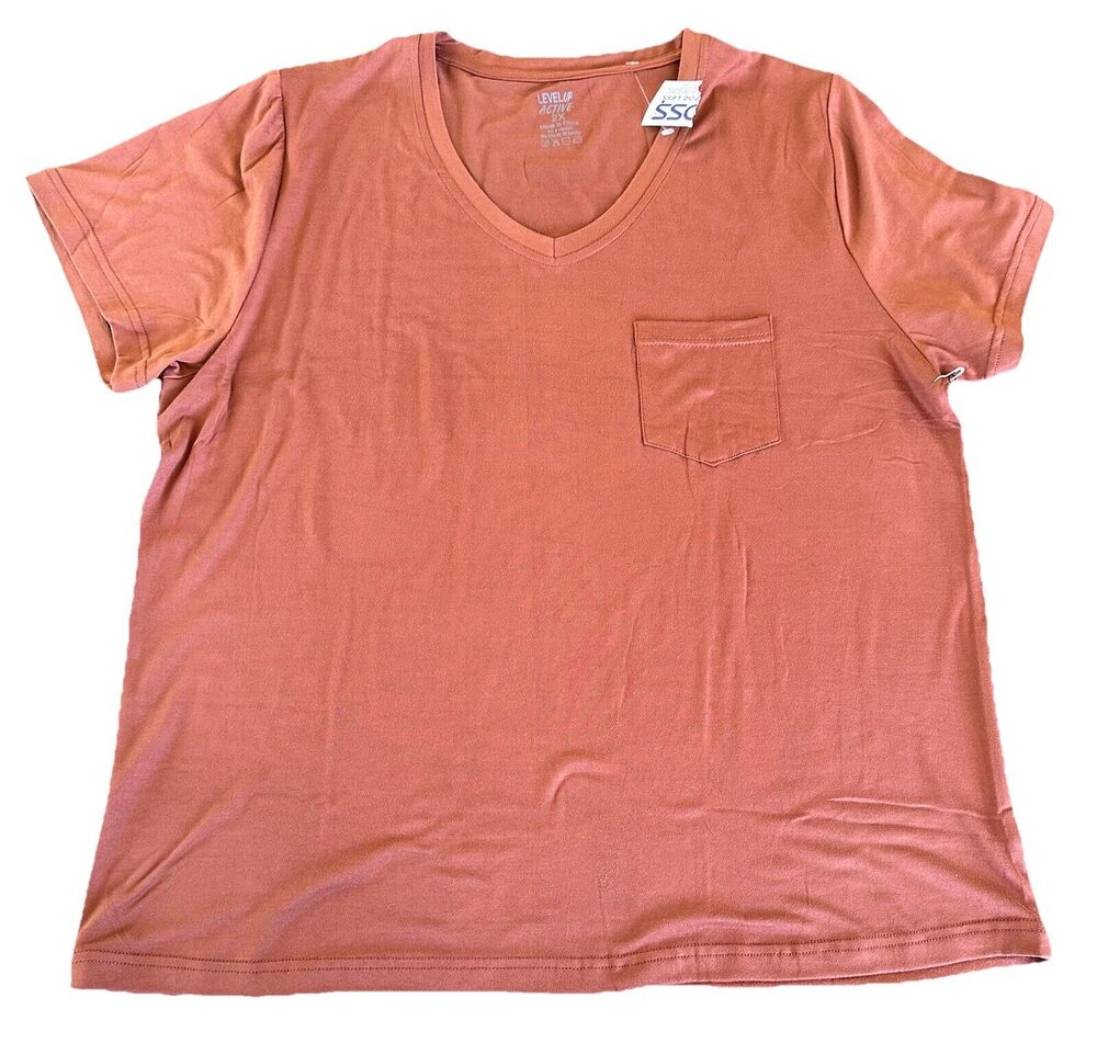 Level Up Women’s Brown T-Shirt Top Size 2X Stretch Short Sleeve V-Neck NWT FLAW